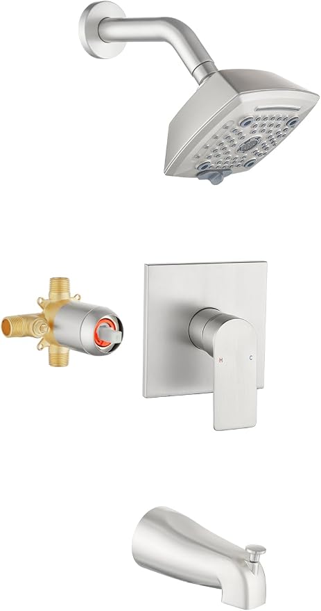 Brushed Nickel Shower Head and Handle Set 5 Inch Bathtub Faucet Shower Faucet with 6-Spray Shower Head Shower Valve Kit Modern Shower Set High-Pressure Shower Trim Kit by VIKASI