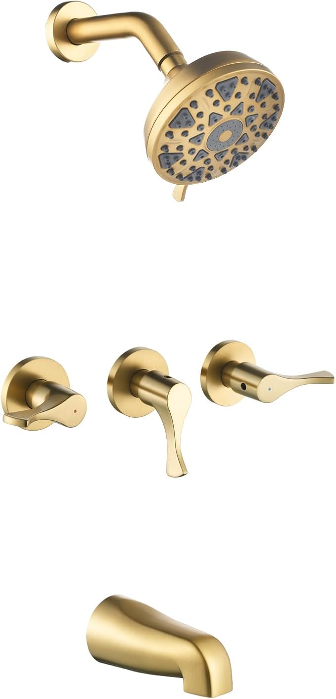 3 Handles Shower Faucet Set with Tub Spout Bathtub Shower Faucet Combo Set Shower System Complete Tub and Shower Trim Kit Brushed Gold Shower Set by DIFEINISANITARYWARE---showerfaucet---