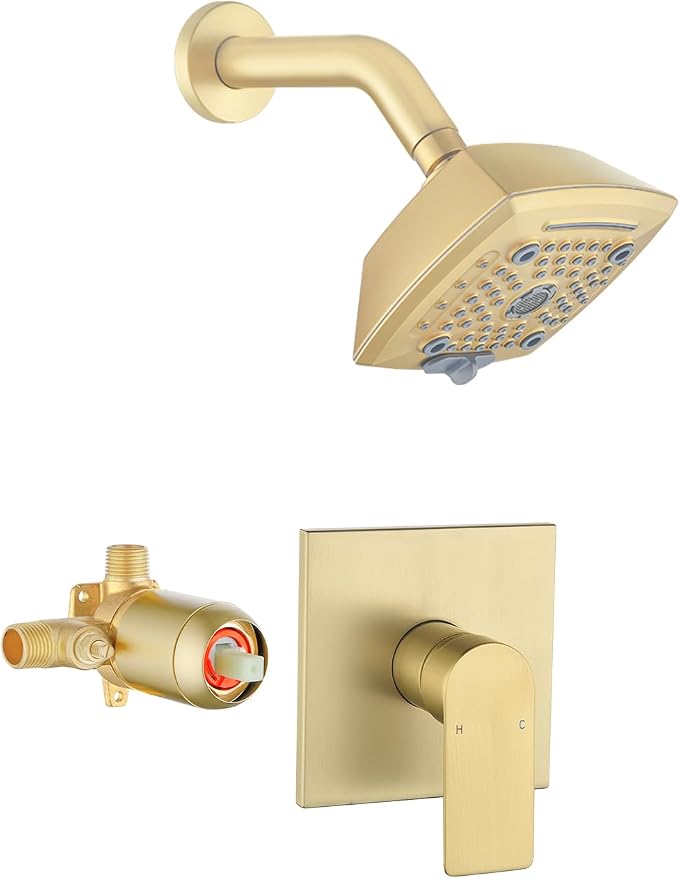 Brushed Gold Shower Faucet Set 6 Setting Shower Head 5 Inch Shower Trim Kit Modern shower valve kit High Pressure Shower Fixtures Shower System by VIKASI
