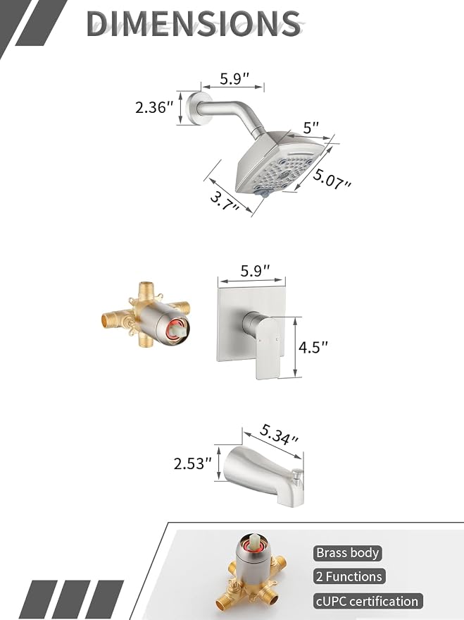 Brushed Nickel Shower Head and Handle Set 5 Inch Bathtub Faucet Shower Faucet with 6-Spray Shower Head Shower Valve Kit Modern Shower Set High-Pressure Shower Trim Kit - Image 7
