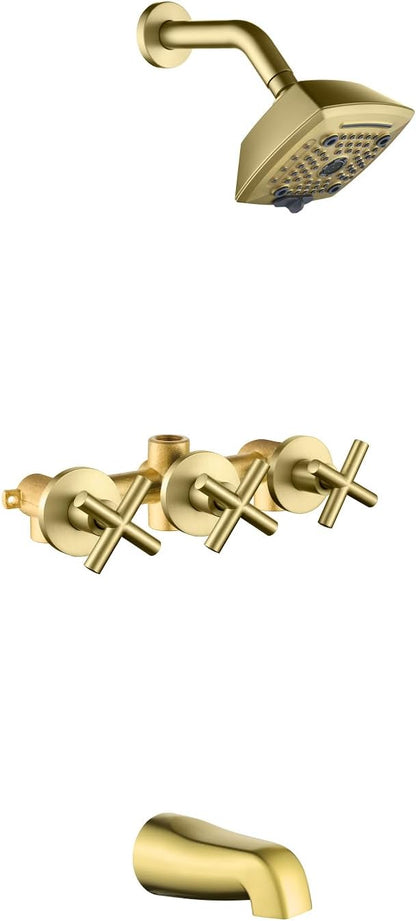 3 Handle Shower Faucet Set with Tub Spout 6-Spray Shower Head and Handle Set Shower Trim Kit with Rough-in Valve Bathroom Shower Faucet Valve Trim Kit Shower System Brushed Gold - Image 9
