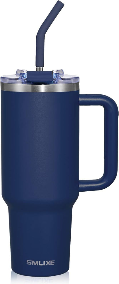 40 oz Tumbler with Handle and Straw Lid,Insulated Reusable Stainless Steel Water Bottle Travel Mug，Cupholder Friendly Double Wall Vacuum Sealed Cup (Navy) by smlixe
