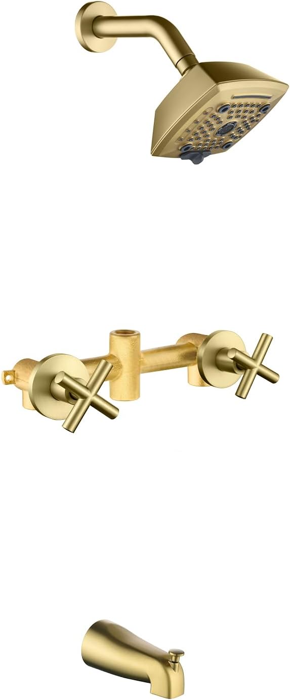 2 Handle Shower Faucet Set with Tub Spout 6-Spray Shower Head and Handle Set Shower Trim Kit with Rough-in Valve Bathroom Shower Faucet Valve Trim Kit Brushed Gold by VIKASI