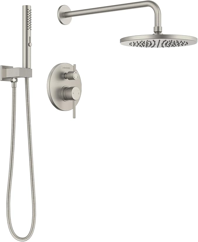 Lava Odoro Modern 2-Setting Round Rain Shower System, Brushed Nickel Rainfall Shower Faucet Set Rain Shower Head and Handle Set, Shower Valve Trim Kit,10 Inch, Brushed Stainless, SF104-BN by LavaOdoro
