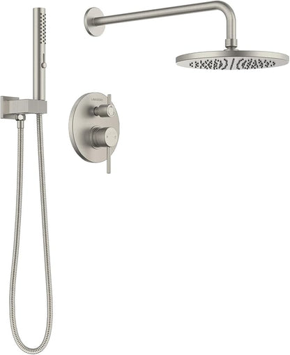 Lava Odoro Modern 2-Setting Round Rain Shower System, Brushed Nickel Rainfall Shower Faucet Set Rain Shower Head and Handle Set, Shower Valve Trim Kit,10 Inch, Brushed Stainless, SF104-BN by LavaOdoro