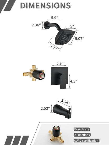 Black Shower Head and Handle Set 5 Inch Bathtub Faucet Shower Faucet with 6-Spray Shower Head Shower Valve Kit Modern Shower Set High-Pressure Shower Trim Kit - Image 7