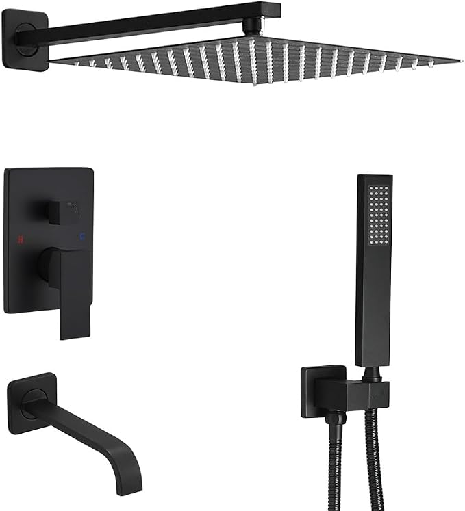 Matte Black Shower System with Tub Spout Wall Mounted Bathtub Shower Faucet Set for Bathroom with High Pressure 10" Rain Shower head and Handheld Shower Head Kit by JingGang