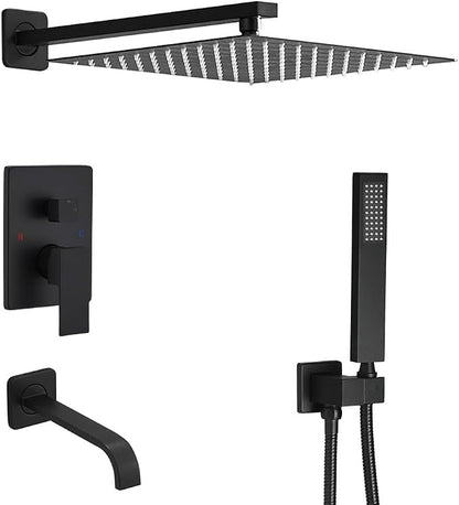 Matte Black Shower System with Tub Spout Wall Mounted Bathtub Shower Faucet Set for Bathroom with High Pressure 10" Rain Shower head and Handheld Shower Head Kit by JingGang