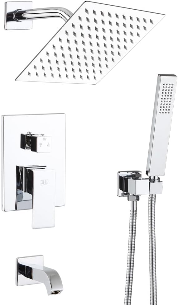 POP SANITARYWARE All Metal Shower Tub Faucet Set Chrome Bathroom 8 Inch Shower Head System with Tub Spout Wall Mounted Single Handle Shower Trim Kit with Rough-in Valve by POPSANITARYWARE