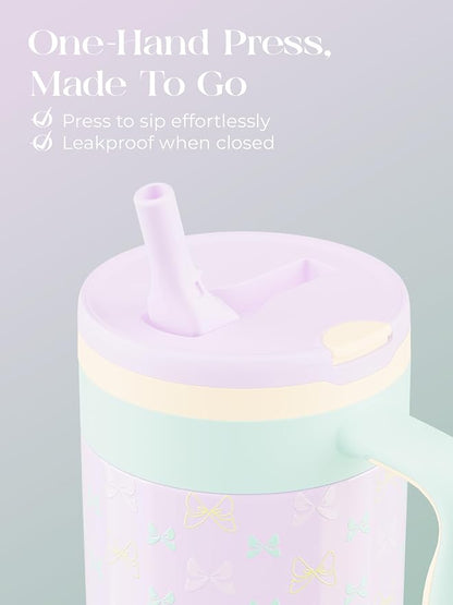 40 oz Insulated Tumbler with Handle and Push-Button Straw Lid, Stainless Steel Travel Cup for Gym Office, Leakproof, BPA-Free, Cup Holder Friendly, Bow Silicone Boot, Purple (Bow Lilac) - Image 3