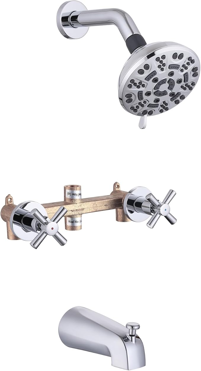 2 Handles Shower Faucet Set with Tub Spout Bathtub Shower Faucet Combo Set Shower System Complete Tub and Shower Trim Kit Wall Mounted Shower Fixtures Chrome by YANCASENO