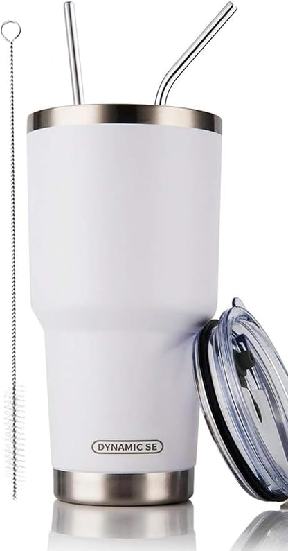 D·S 30oz White Tumbler Stainless Steel Double Wall Vacuum Insulated Mug with Straw and Lid, Cleaning Brush for Cold and Hot Beverages (30oz White) by D%C2%B7STUMBLER