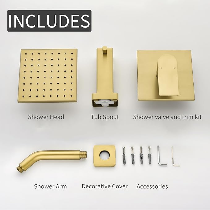 Brushed Gold Shower Faucet Set with Tub Spout, 6 Inch Rain Shower Head and Tub Spout, Shower Fixtures with Tub Spout, Tub and Shower Trim Kit - Image 8