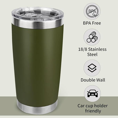 20oz Stainless Steel Tumbler Bulk with Lid, Travel Mug - Double Wall Vacuum Powder Coated Cup - Army Green, 6 Pack - Image 3
