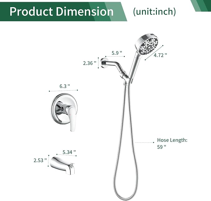 Chrome Polished Shower Faucet Set with Tub Spout, Handheld Shower Head and Trim Kit - Image 8