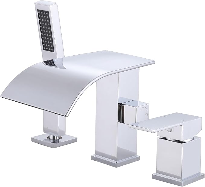 Waterfall Roman Tub Faucet with Hand Shower, Deck Mount Tub Filler Bathtub Faucet with Sprayer, Single Handle Bathtub Faucet Set, Brass Widespread 3 Hole Bathtub Shower Faucet Set, Chrome by FSCEPIXI