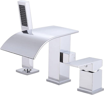 Waterfall Roman Tub Faucet with Hand Shower, Deck Mount Tub Filler Bathtub Faucet with Sprayer, Single Handle Bathtub Faucet Set, Brass Widespread 3 Hole Bathtub Shower Faucet Set, Chrome by FSCEPIXI