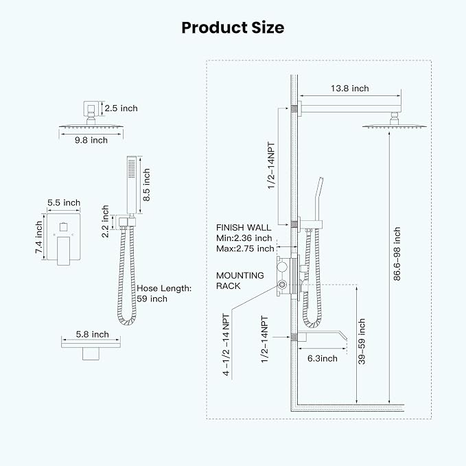 gotonovo 10'' Rain Shower Faucet System Rainfall Shower Head with Handheld Sprayer Waterfall Tub Spout Wall Mounted Mixer Combo Rough-in Valve and Trim Included 5.7 Inch Wide Spout Polished Chrome - Image 6