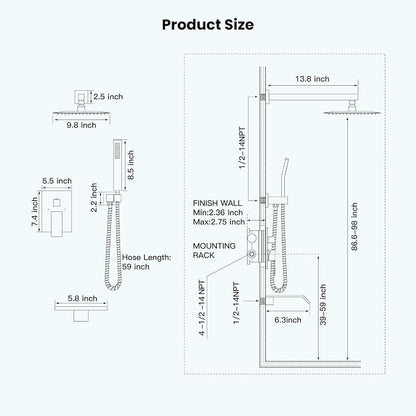gotonovo 10'' Rain Shower Faucet System Rainfall Shower Head with Handheld Sprayer Waterfall Tub Spout Wall Mounted Mixer Combo Rough-in Valve and Trim Included 5.7 Inch Wide Spout Polished Chrome - Image 6