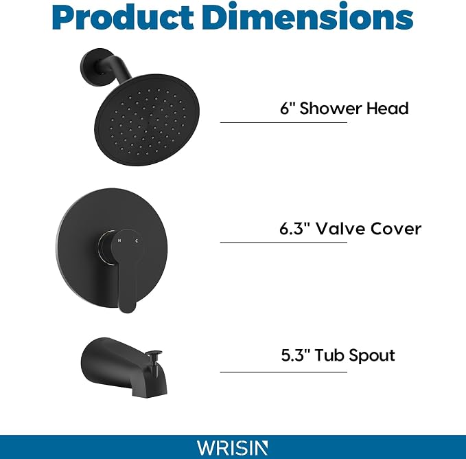 WRISIN Black Shower Faucet Set with Tub Spout, Black Shower Head and Handle Set, Bathtub Faucet Set with 6 Inch High-Pressure Rain Showerhead - Image 6