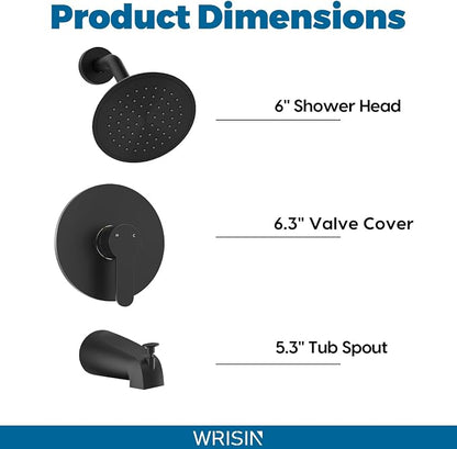 WRISIN Black Shower Faucet Set with Tub Spout, Black Shower Head and Handle Set, Bathtub Faucet Set with 6 Inch High-Pressure Rain Showerhead - Image 6