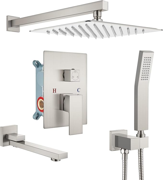 gotonovo Rainfall Tub Shower Faucet Set Bathroom Shower System with Tub Spout Wall Mount Square High Pressure Shower Fixtures with Handheld Sprayer Rough-In Valve 12'' Shower Head,Brushed Nickel by HOME