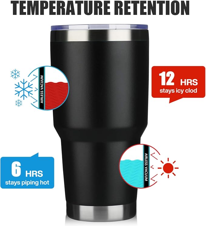 MEWAY 30oz Insulated Tumbler With Lids and Straws,Stainless Steel Double Vacuum Coffee Tumbler Cup, Brush, Durable Powder Coated Coffee Cup for Cold & Hot Drinks, Office, Travel(Black,12 PACK) - Image 7