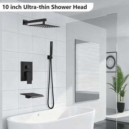 Midanya Shower System with Tub Spout,Bathtub Shower Faucet Set with Square Rainfall Head and Handheld Sprayer Wall Mount Tub Faucet Set with Valve and Trim Kit,10 Inch Matte Black - Image 2