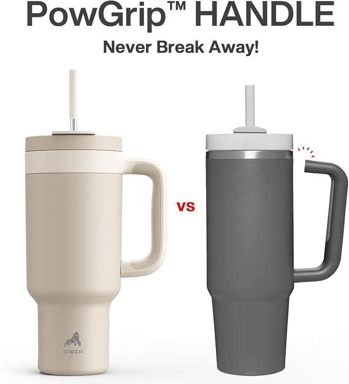 POWCAN 40 oz Tumbler with Handle, 2-in-1 Straw and Sip Lid, Leakproof, Dishwasher Safe, Insulated Stainless Steel Travel Coffee Mug, Keeps Cold for 34 Hours, Fits in Car Cup Holder (Oat) - Image 3