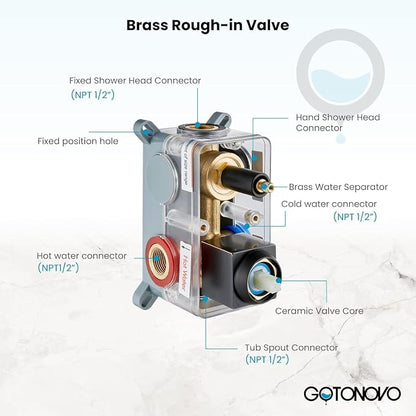 gotonovo Shower System with Tub Spout,Waterfall Tub Shower Faucet Set for Bathroom Head and Handle Set Wall Mounted 3 Function Rough-in Valve and Trim Included 12 inch Shower Head Oil Rubbed Bronze - Image 6