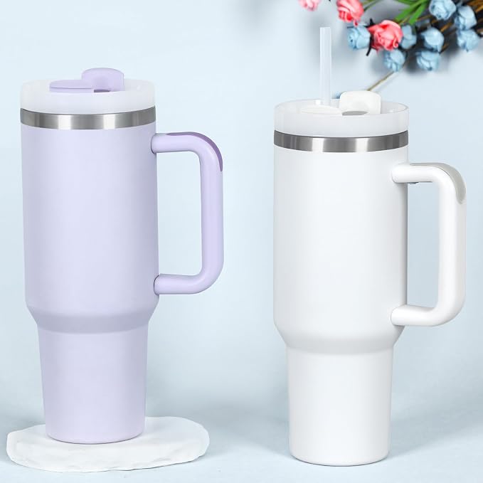 4 Pack 40 Oz Tumbler with Handle Bulk, Double Wall Vacuum Insulated Stainless Steel Tumbler with Lid and Straw, 40 oz cup with Silicone Spill Proof Stopper Set (White) - Image 2