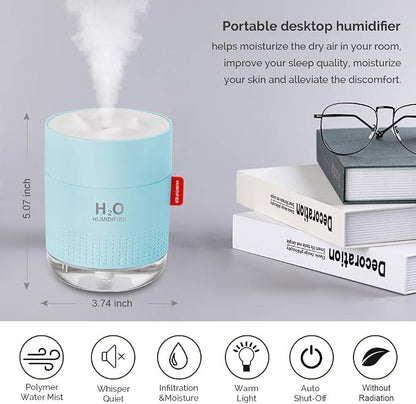 Portable Mini Cool Mist Humidifier, 500ml USB Personal Desktop Humidifier for Baby Bedroom Travel Office Home, Auto Shut-Off, 2 Mist Modes, Super Quiet, Blue - Image 2