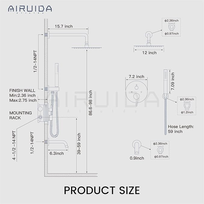 Airuida 3-Function Rain Shower System Set – Wall Mount Tub Shower Combo with Handheld Shower and Tub Spout,12 Inch Shower Head,Brushed Gold - Image 6