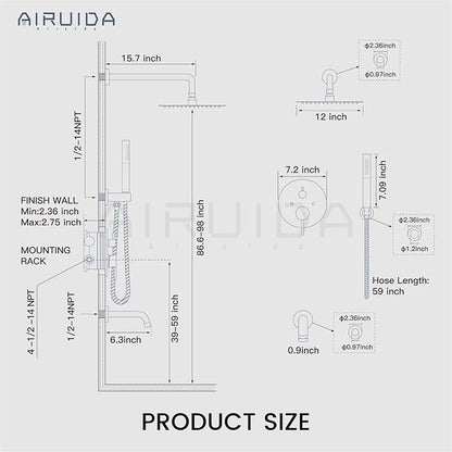 Airuida 3-Function Rain Shower System Set – Wall Mount Tub Shower Combo with Handheld Shower and Tub Spout,12 Inch Shower Head,Brushed Gold - Image 6