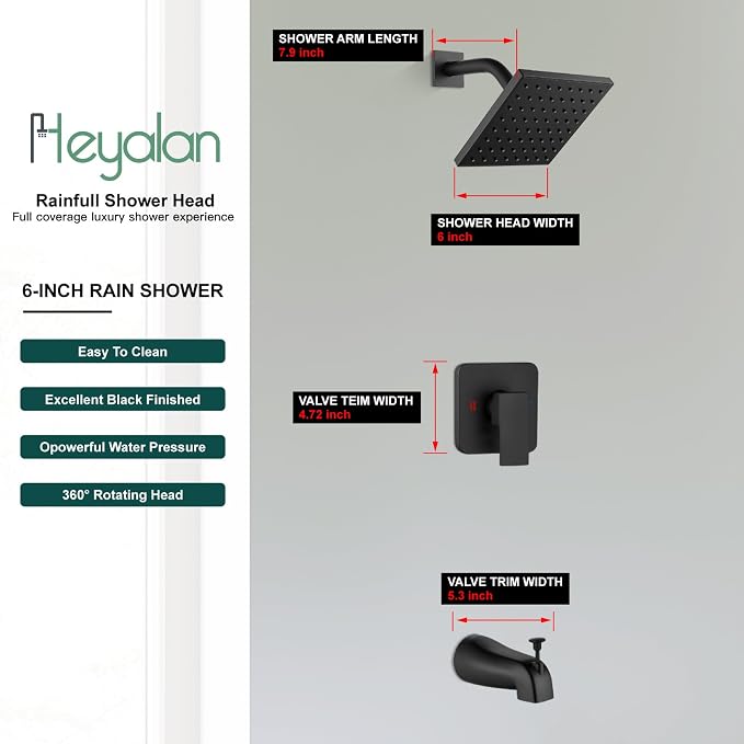 Heyalan Shower Faucet Set with Tub Spout, Bathtub and Shower Trim Kit with Valve, Single Handle Bathroom Shower Faucet Set 6 Inch Square Rainfall Shower Head,Matte Black - Image 4