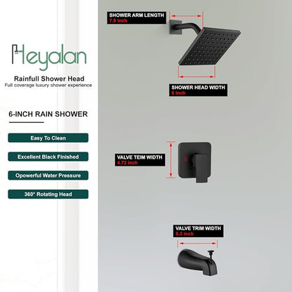 Heyalan Shower Faucet Set with Tub Spout, Bathtub and Shower Trim Kit with Valve, Single Handle Bathroom Shower Faucet Set 6 Inch Square Rainfall Shower Head,Matte Black - Image 4