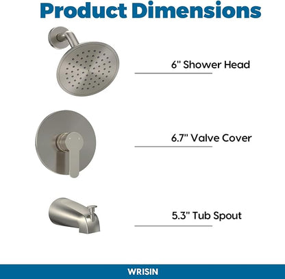 Tub Shower Faucet Set with Valve, WRISIN Shower Faucets Sets Complete Brushed Nickel with 6 Inch High-Pressure Rian Showerhead - Image 6