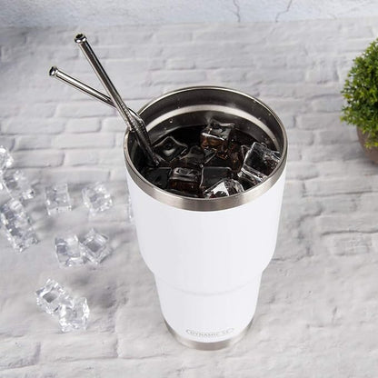 D·S 30oz White Tumbler Stainless Steel Double Wall Vacuum Insulated Mug with Straw and Lid, Cleaning Brush for Cold and Hot Beverages (30oz White) - Image 4