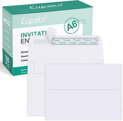 Eupako A6 White Envelopes 4x6, 100 Pack Self Seal Envelopes by Eupako