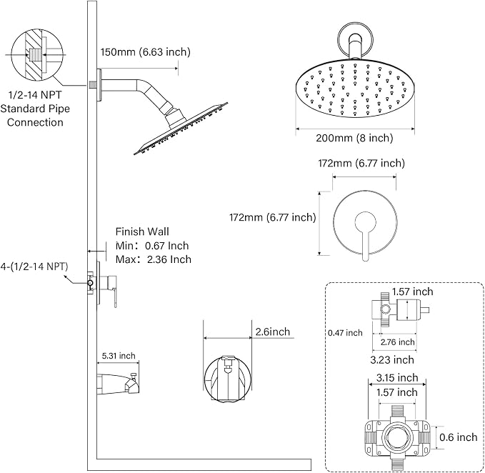 HUCKLE Tub Shower Faucet Set with Valve, 8-Inch Rainfall Shower Head and Bathtub Spout, Single-Handle Tub and Bathroom Trim Kit, Matte Black - Image 7