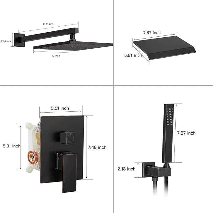BWE Shower System with Waterfall Tub Spout Shower Faucet Set 10 Inch Square Oil Rubbed Bronze Rain Shower Head Bathroom Luxury Wall Mounted Shower Combo Set Rough-in Valve Body and Trim Included - Image 6
