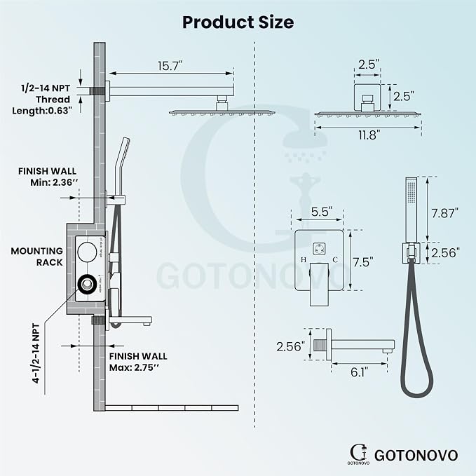 gotonovo Shower System with Tub Spout Wall Mounted Rain Shower Head and Handle Combo Shower Faucet Set with Valve, 12 Inch, Brushed Gold - Image 4