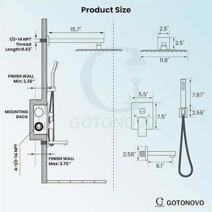 gotonovo Shower System with Tub Spout Wall Mounted Rain Shower Head and Handle Combo Shower Faucet Set with Valve, 12 Inch, Brushed Gold - Image 4