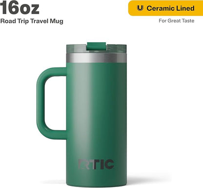 RTIC 16oz Road Trip Travel Mug with Lid and Handle, Ceramic Lined, Insulated, Stainless Steel, Metal, Double Wall Vacuum-Insulation, Portable Coffee, Tea Cup for Hot and Cold Drink, Pine Tree - Image 2