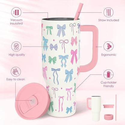 SANDJEST Bow 40oz Tumbler With Handle and Straw, Insulated Stainless Steel Travel Coffee Mug for Women Girls Bow Lovers, Gift Idea for Birthday Christmas Mothers Day - Image 2