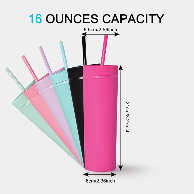 sweet grain Multicolor Skinny Tumblers with Lids and Straws(6 Pack) - 16oz Matte Pastel Colored Skinny Acrylic Tumblers, Double Wall Plastic Tall Skinny Tumblers Bulk for Cold Hot Drinks - Image 6