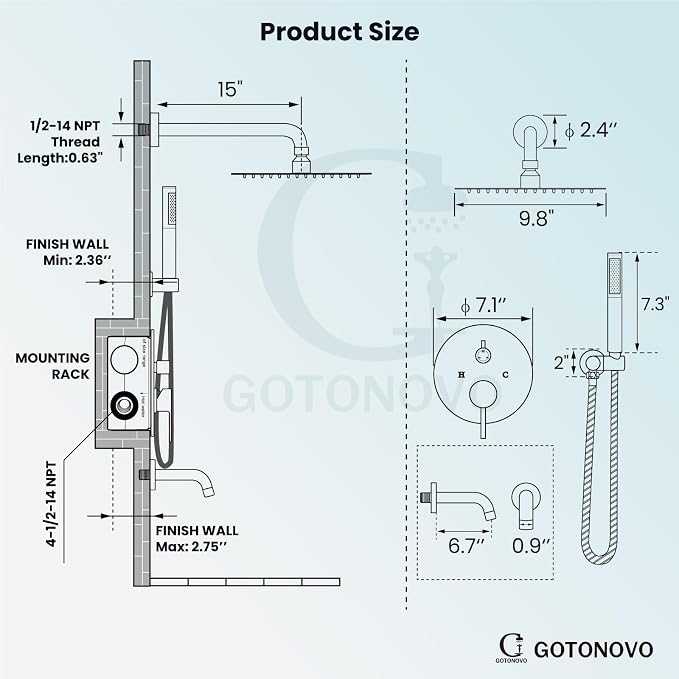 gotonovo Shower System with Tub Spout Wall Mount 3 Function Rough-in Valve Bathtub Shower Faucets Set Complete Rain 10 Inch Round Showerhead Trim Kit Combo, Cylindrical Handheld, Brushed Nickel - Image 3