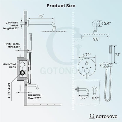 gotonovo Shower System with Tub Spout Wall Mount 3 Function Rough-in Valve Bathtub Shower Faucets Set Complete Rain 10 Inch Round Showerhead Trim Kit Combo, Cylindrical Handheld, Brushed Nickel - Image 3