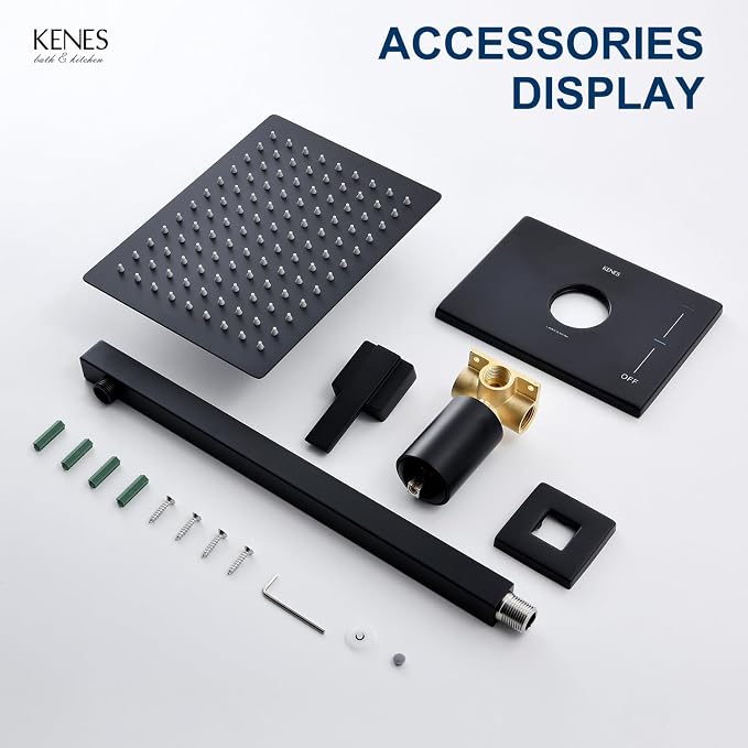 KENES Matte Black Shower Faucet with 10-Inch Shower Head and Handle Set, Square Shower Faucet Set Bathroom Rainfall Shower System Wall Mount, KE-6024B-2 (Shower Valve Included) - Image 9
