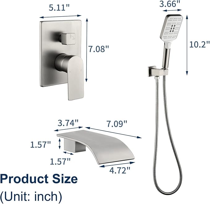 Tub Filler Faucet with Hand Shower Bath Tub Faucets with Rough-in Valve Trim Kit Wall Mounted Waterfall Bathtub Faucets Brushed Nickel - Image 6